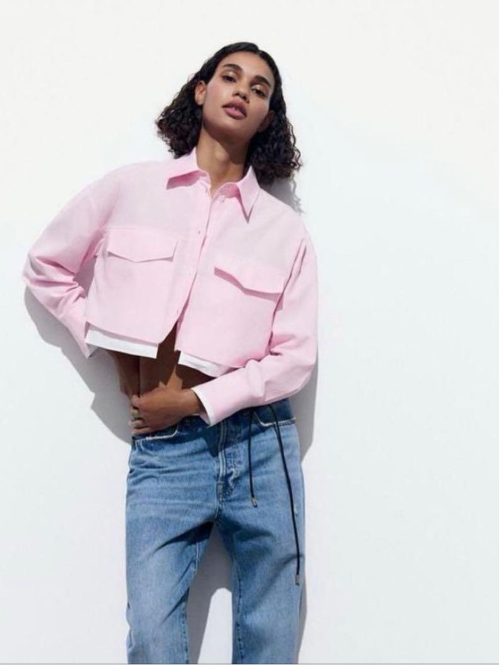 Cropped Pink Button-Front Pink Shirt
